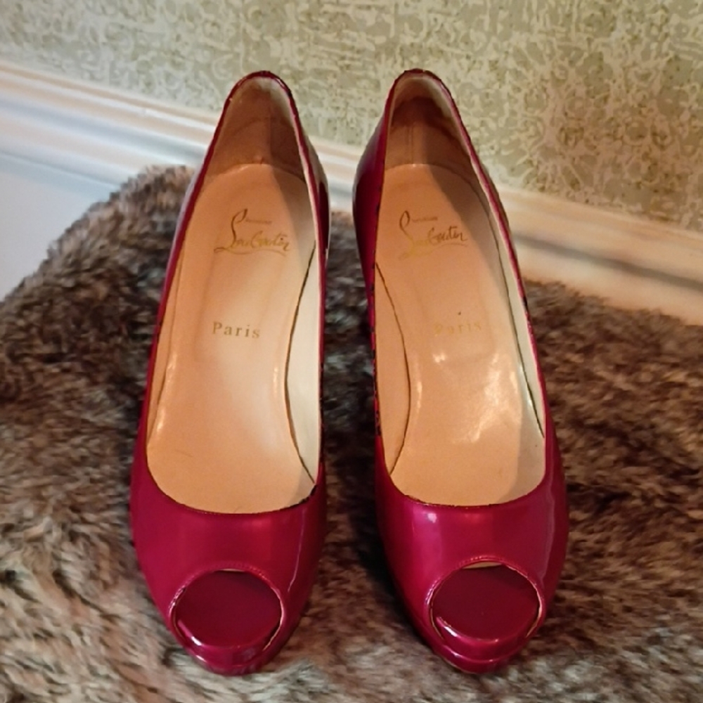 Christian Louboutin Glossy Dark Pink Peep Toe Heels